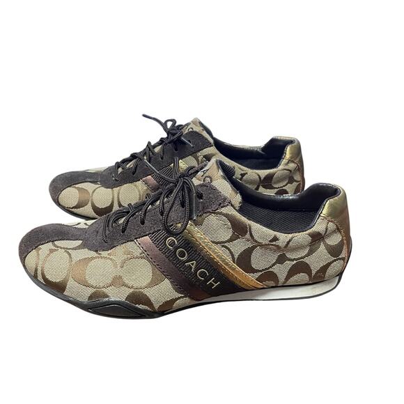 Coach Signature Canvas Logo Print Suede Trim Lace Up Jayme Sneaker Brown 7.5 - Picture 1 of 10